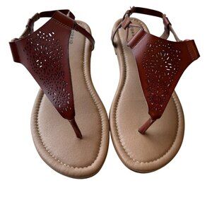 Torrid Brown Laser-Cut Leather Thong Sandals w/ Elastic Strap Closure Sz 11